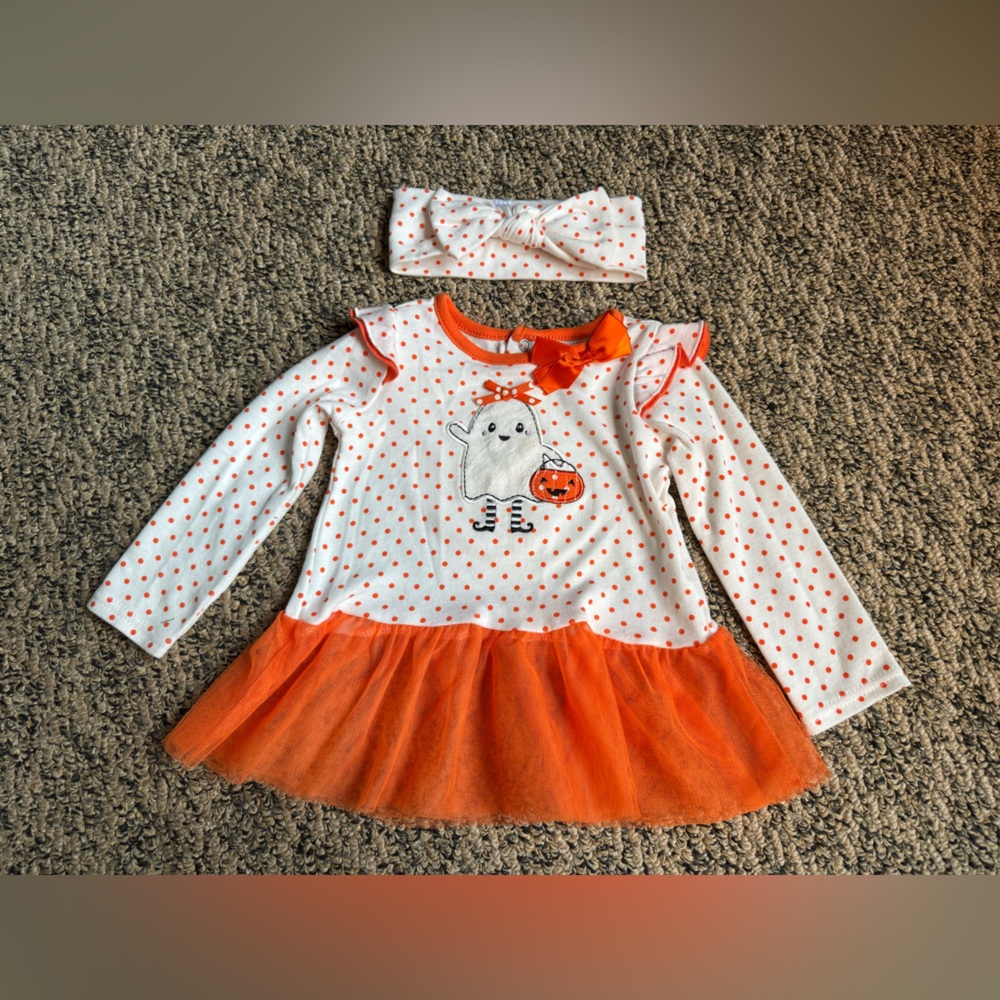 Baby Girl HALLOWEEN Ghost Trick or Treating  Orange & White Polka Dot Shirt